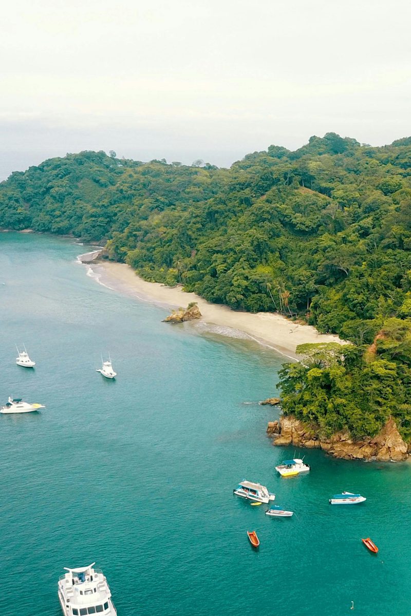 Aerial view of boats anchored in a tropical bay