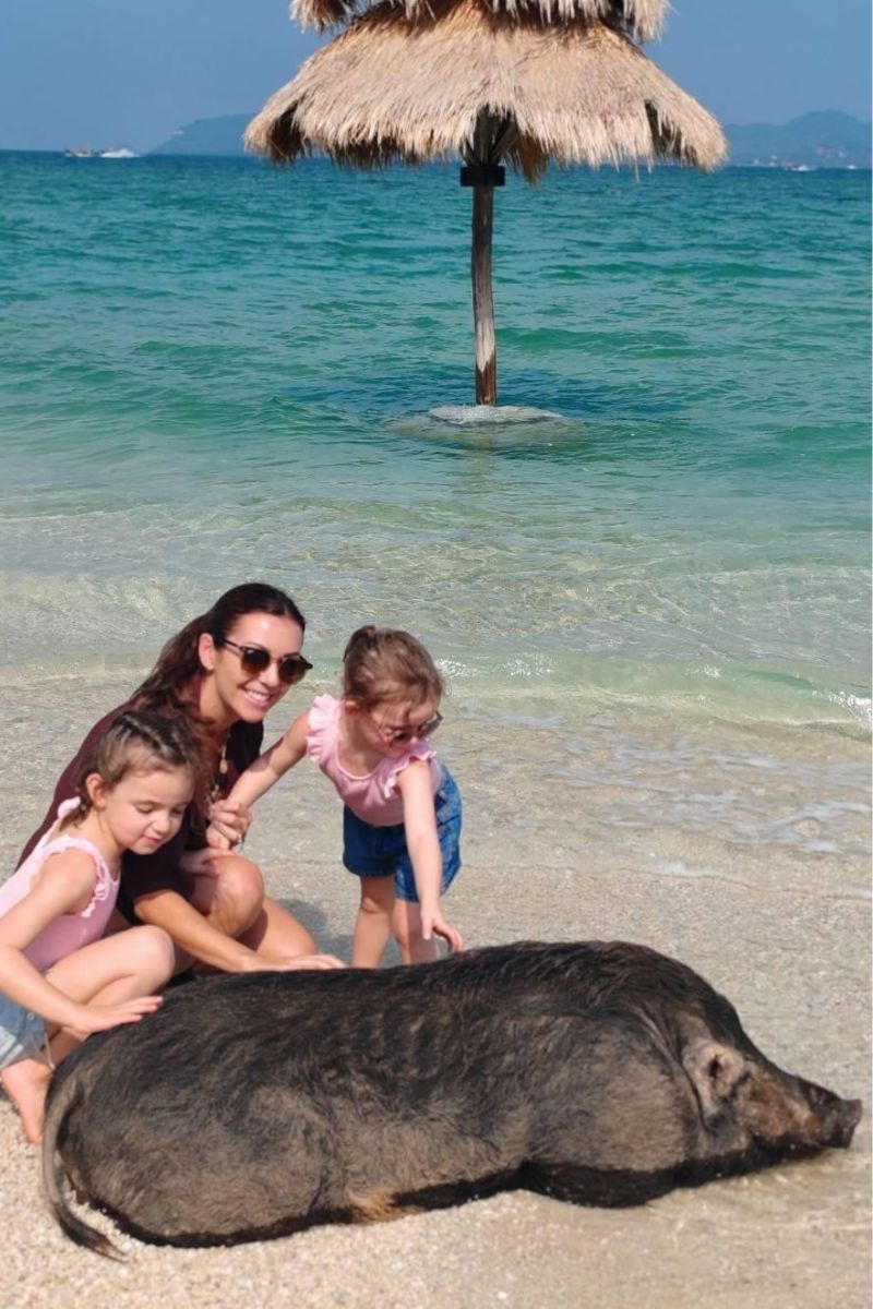 Woman and two children with a pig on a beach under a thatched umbrella.
