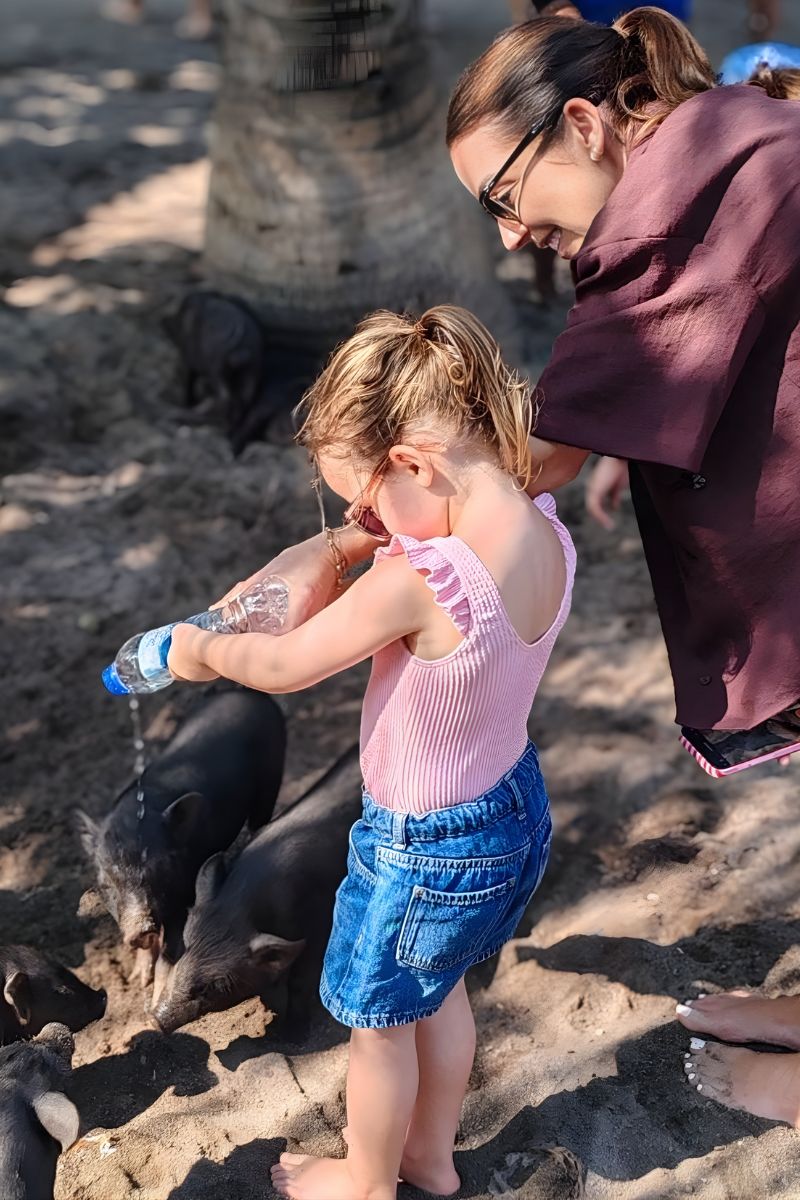 Woman and child interacting with pigs on a sandy ground
