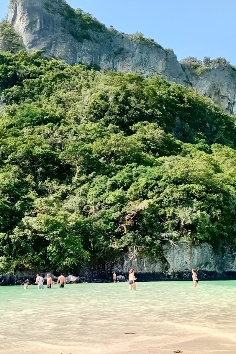 People swimming in a clear lagoon with a rocky island covered in greenery in Ang Thong, Koh Samui.