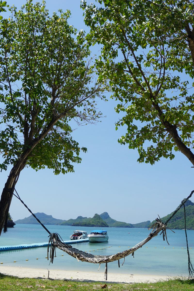 Hammock hanging between two trees on a tropical beach with boats and mountains in the background.