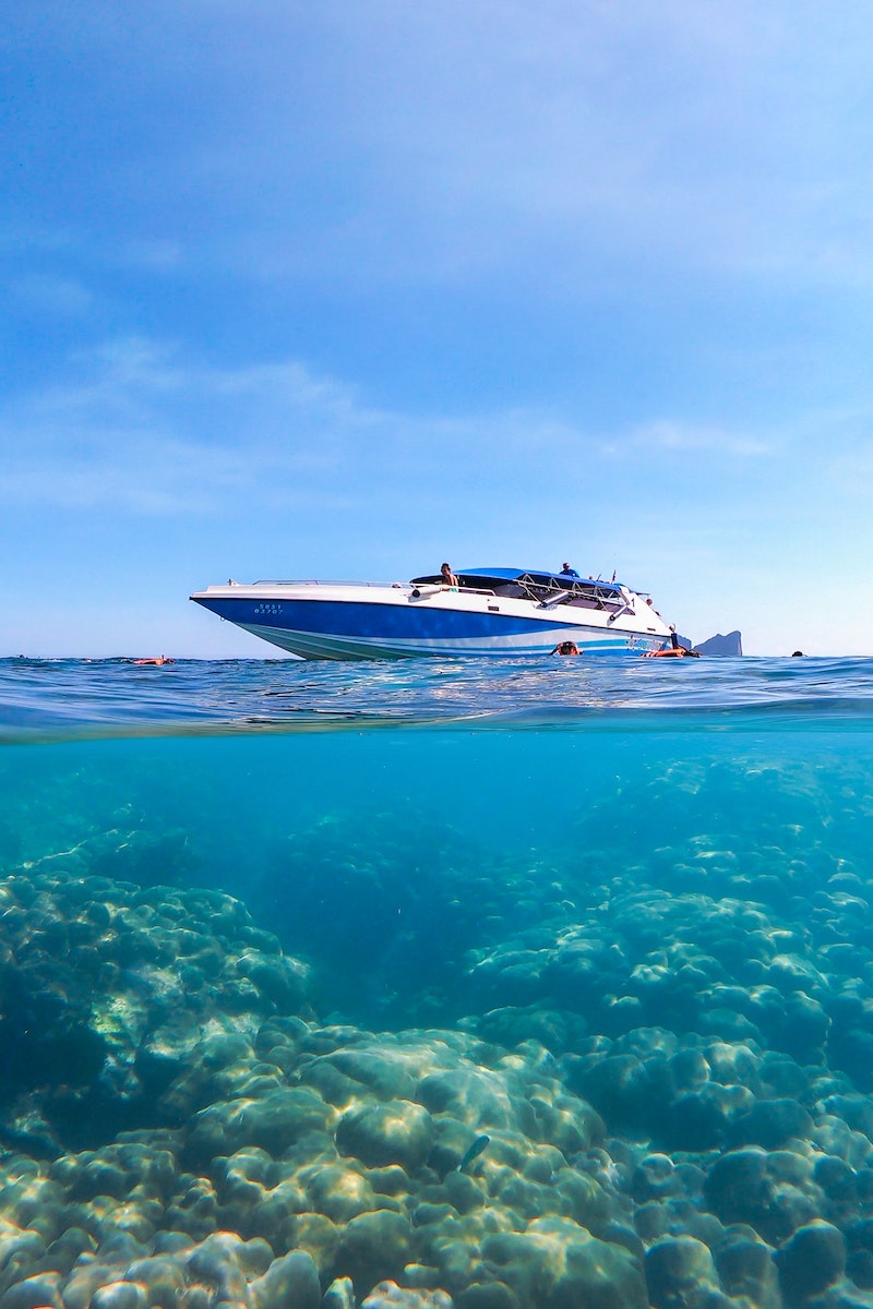 Speedboat tour in Koh Tao Thailand. In this photo guests are snorkelling around a coral reef. 