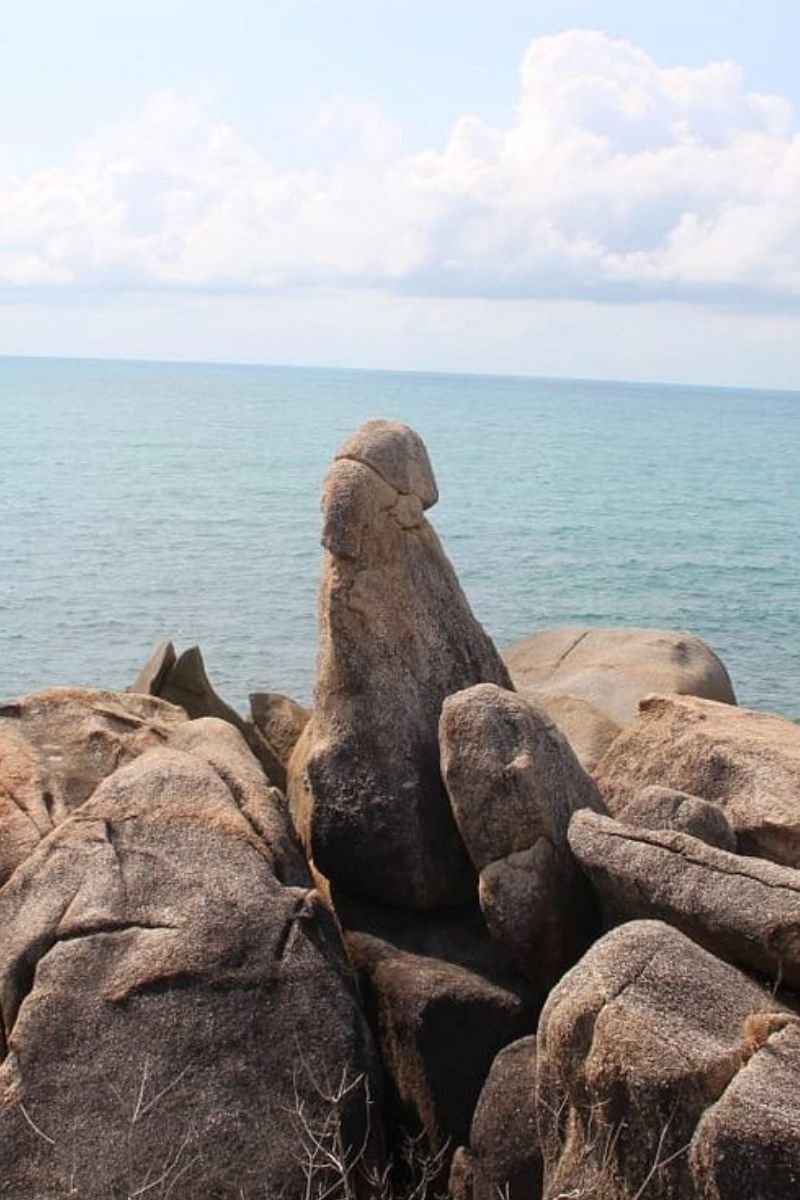 Rocks with a unique shape resembling a lion's head on a beach with ocean and sky in the background.