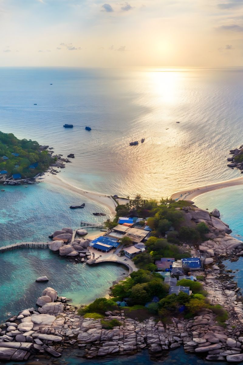Aerial view of the tropical island Koh Tao with rocky shores and clear blue water during sunset.