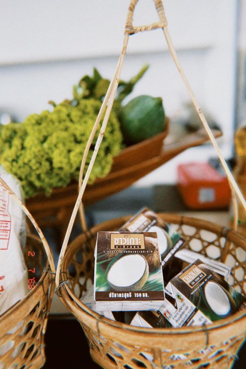 Baskets with coconut products on a blurred background