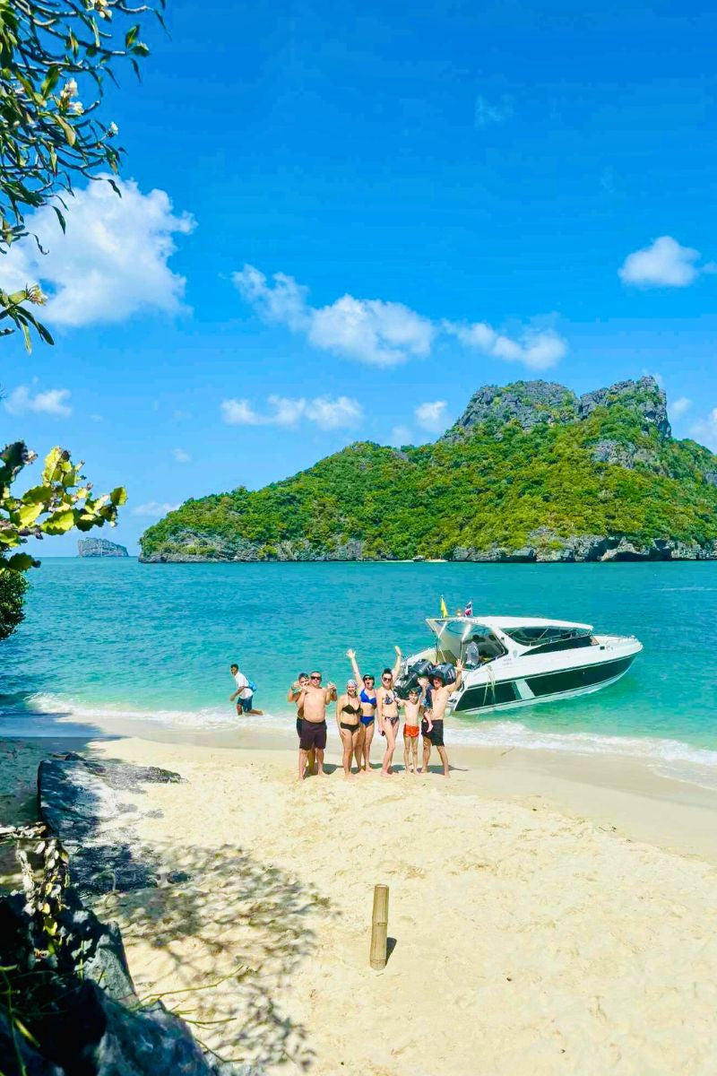 Group of people on a beach with a boat and a tropical island in the background