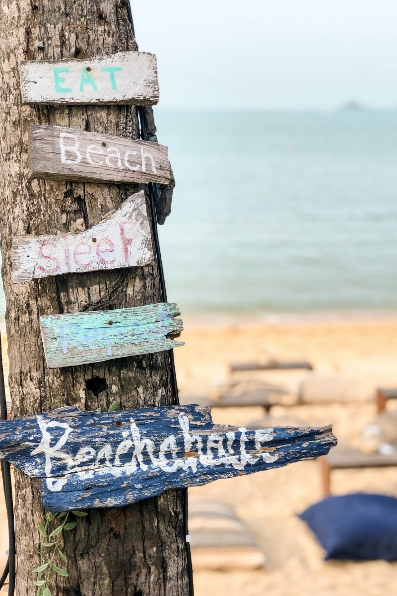 Wooden signpost with 'Eat', 'Beach', 'Sleep', 'Beachhouse' on a beach background