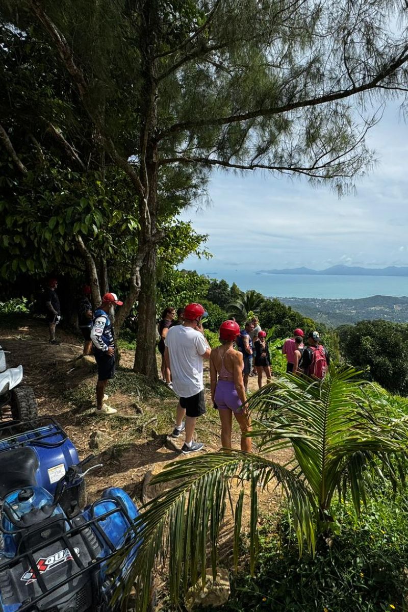Group of people on a hike with scenic view in the background