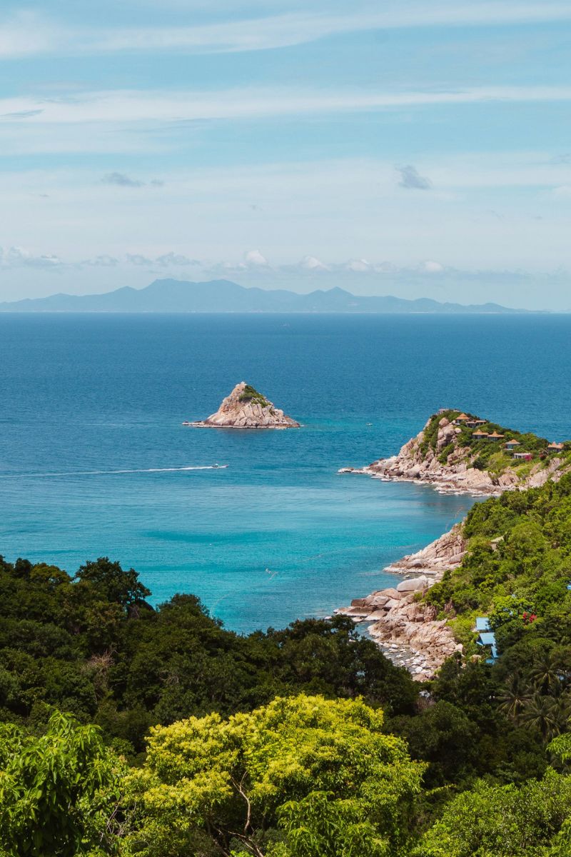 Scenic view of a coastal landscape with greenery and a small island in the distance.