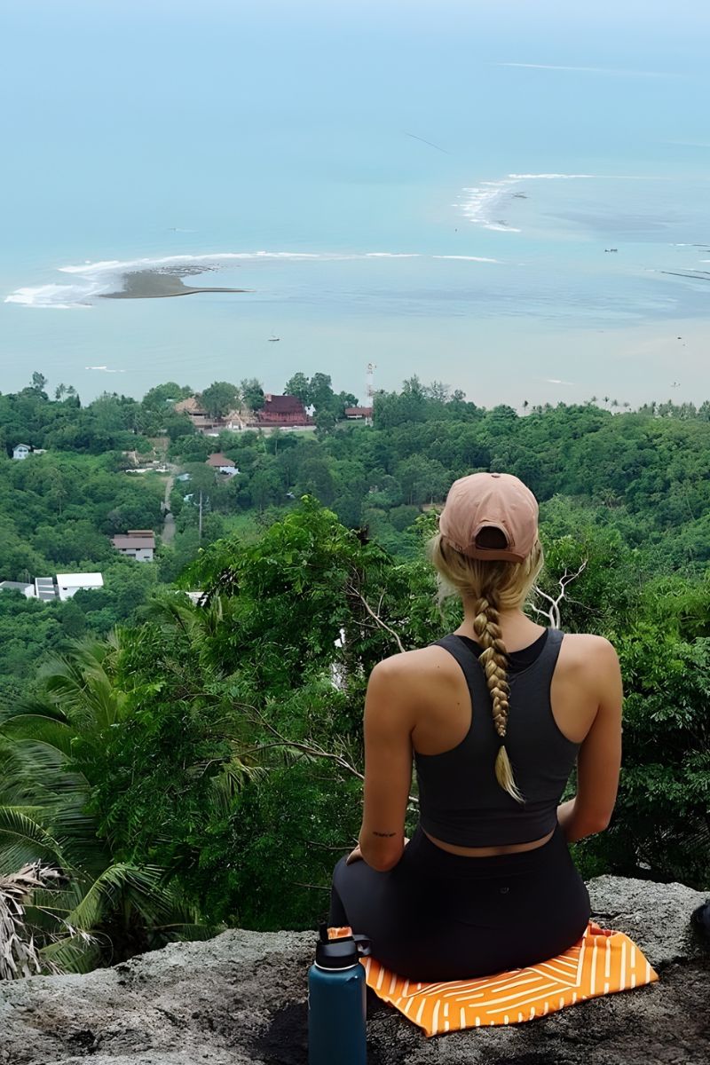 Person sitting on a rock overlooking a scenic view of trees and water.