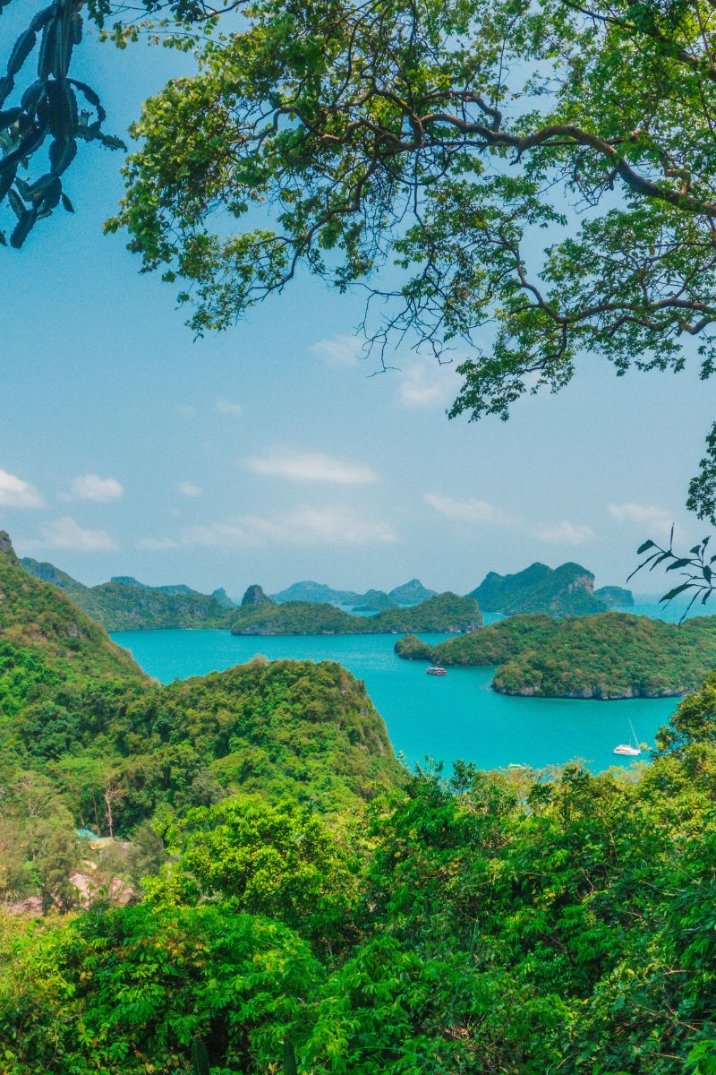 Scenic view of a tropical island with clear blue water and greenery.