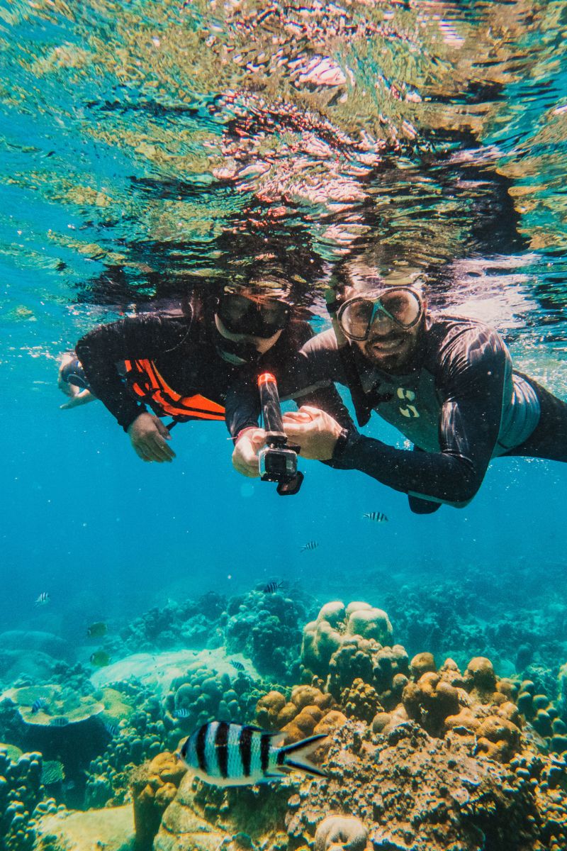 Two snorkelers underwater with a coral reef and fish in the foreground